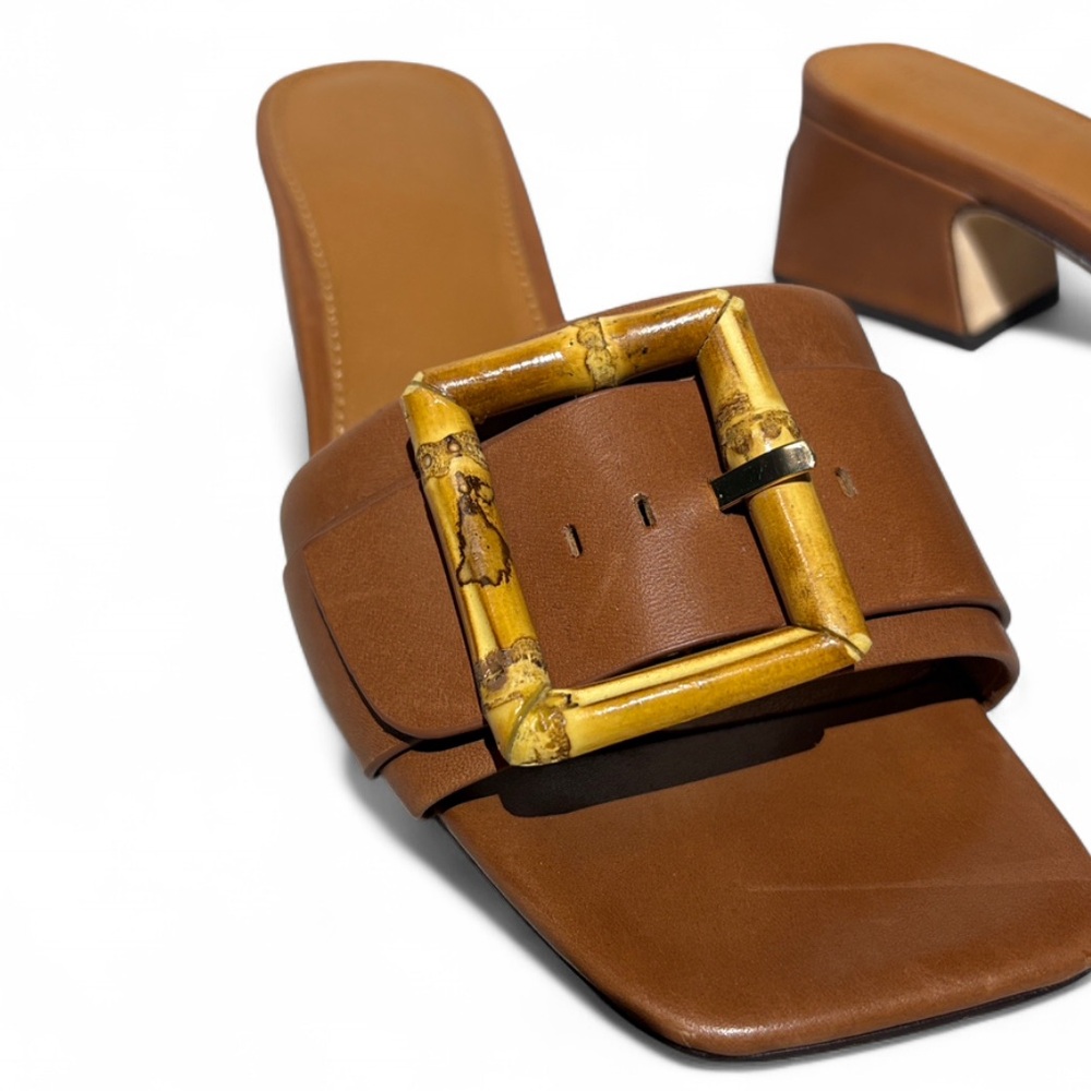 J. McLaughlin Bamboo Buckle Leather Slide Sandals with Block Heel - Picture 9 of 14
